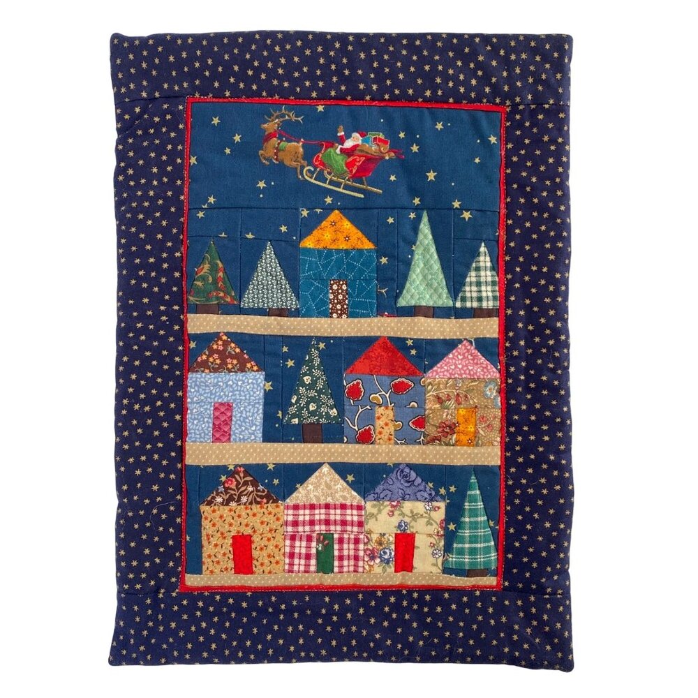 Quilted Christmas Trivet Santa Sleigh Reindeer Houses Navy Blue 14.5x11in